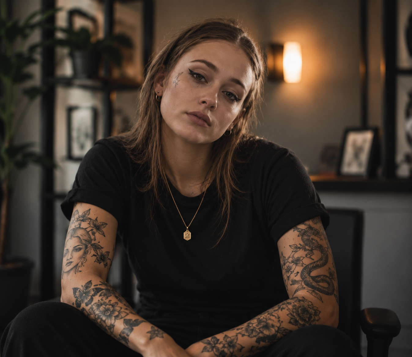 Portrait reference photo of a tattooed woman for a Chicago fine line tattoo artist concept; not Mara Vale