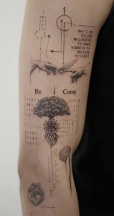 Fine line collage tattoo reference combining script, symbols and botanical motifs